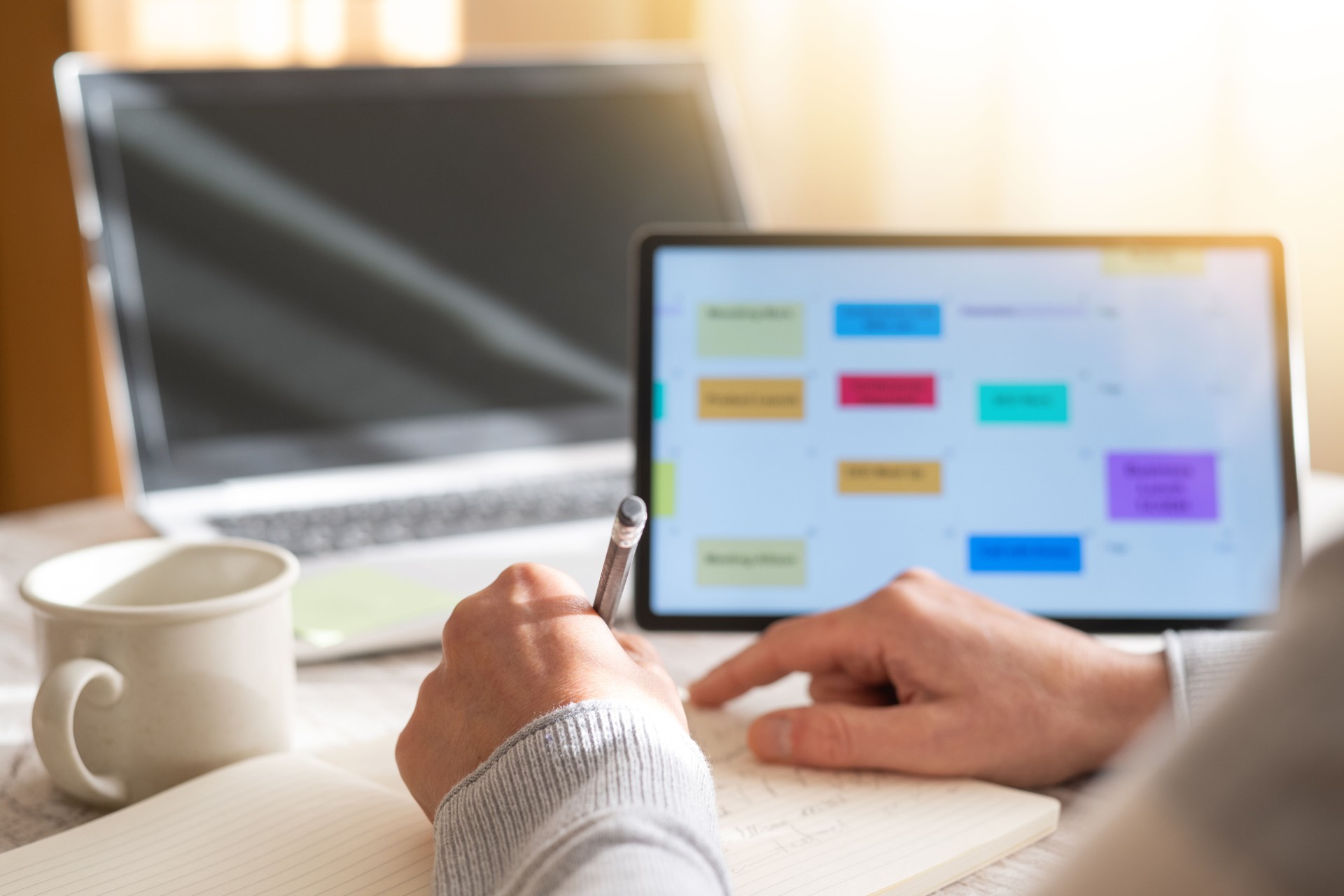 Business Person Or Entrepreneur Planning Appointments And Calendar Dates, Organizing Weekly Or Monthly Schedule For Client Meetings, Calls, And Events In The Office Using A Digital Tablet.